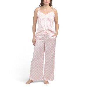 PARIS HILTON Pink/white Wide Leg Satin Sleepwear Set